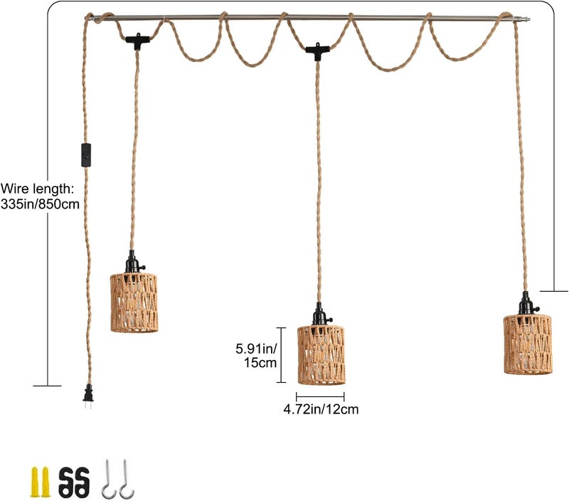 KENMI 3-Light Hanging Light with Plug in Cord,Plug in Pendant Light 22ft Hemp Rope Pendant Lighting Vintage 3-Light Hanging Lamp Fixtures for Kitchen Island Living Room Bedroom - Image 4